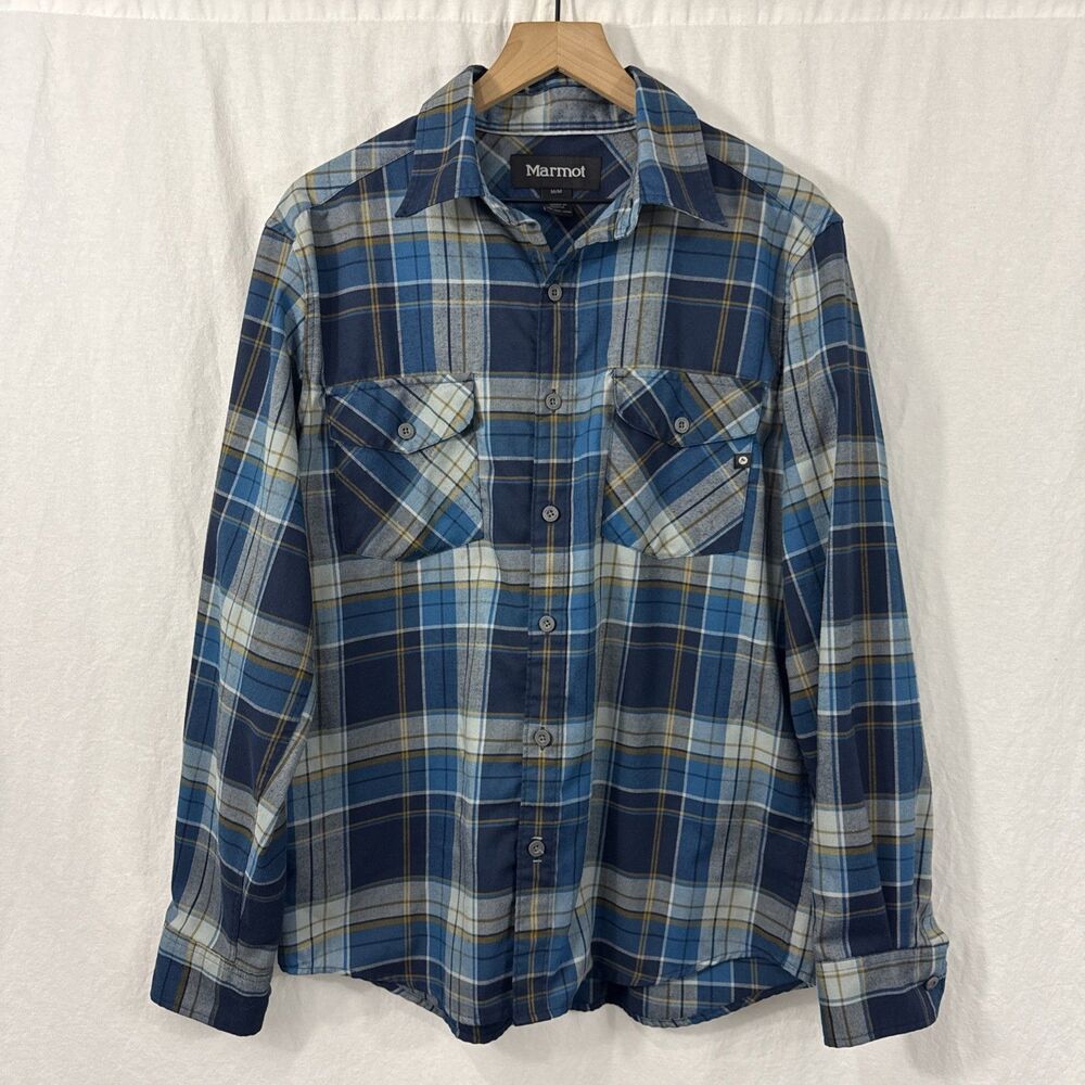 Marmot Blue Plaid Button Up Long Sleeve Shirt Men’s Sz M Hiking Outdoor Gorpcore